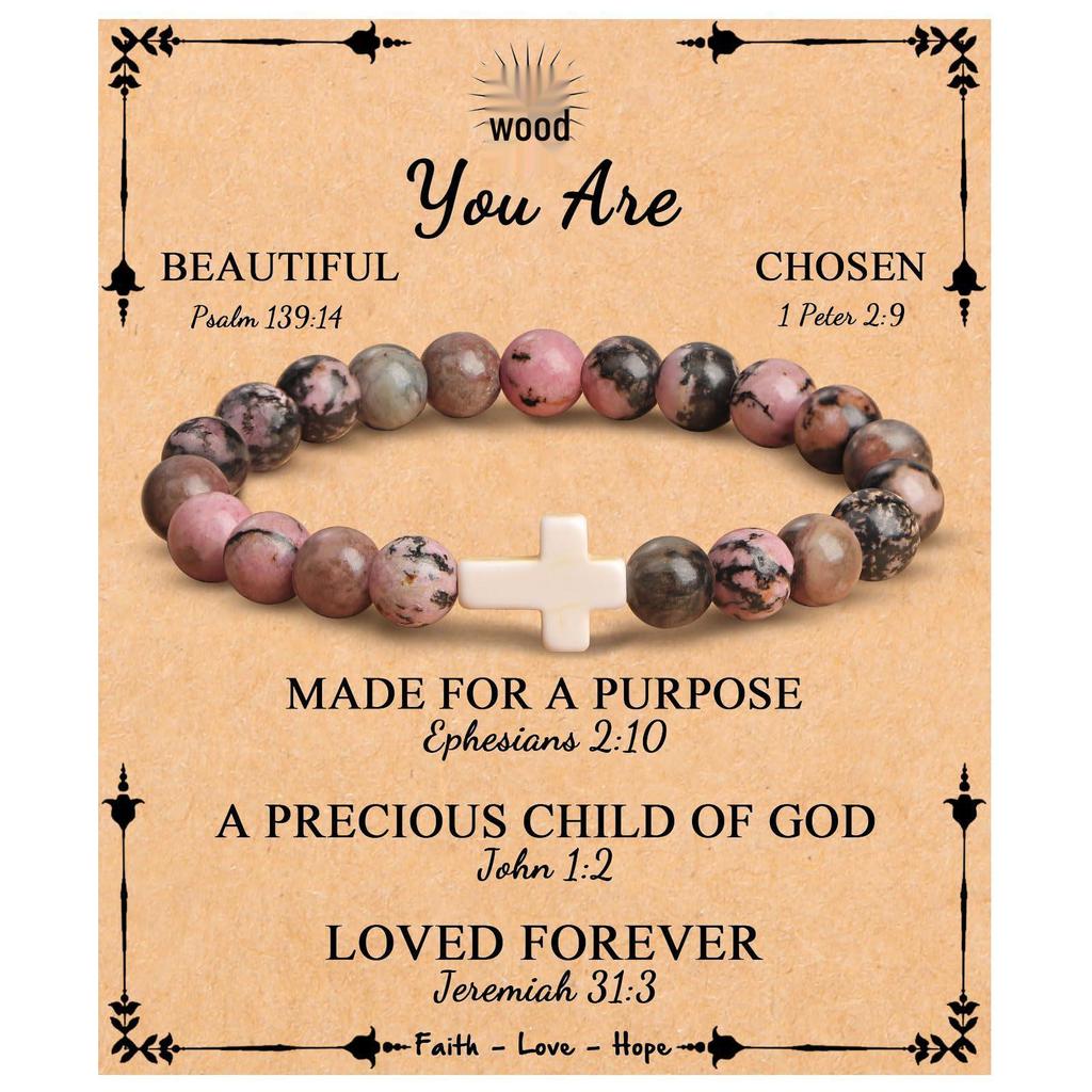 Emperor Stone Pink Zebra Beaded Bracelet with Cross Charm