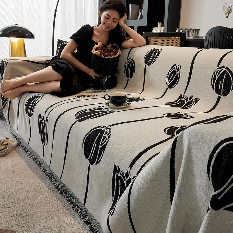 Chenille Sofa Cover Cloth Black and White Nordic Style High-Grade Sofa Cover Universal Cover Four Seasons Universal Non-Slip Full Cover Towel