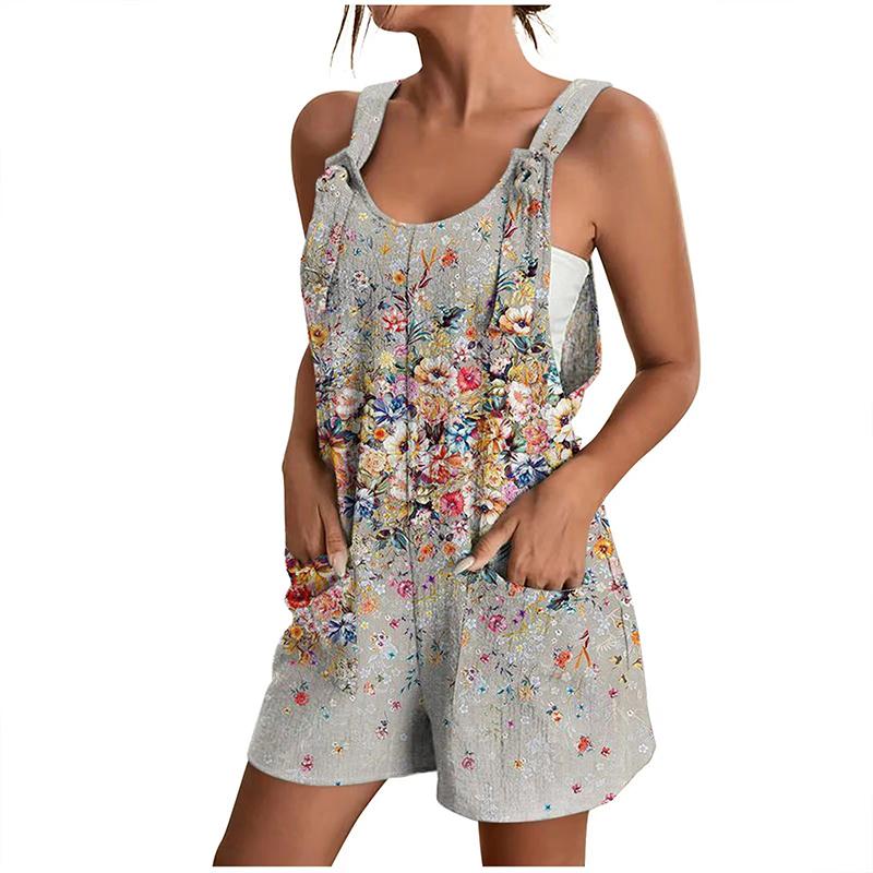 2025 Women Floral Print Sleeveless Pocket Decoration Jumpsuit Fashion Elegant Casual Loose Female Streetwear Outfits