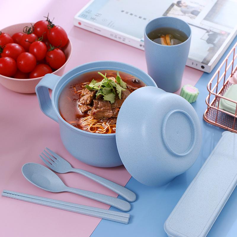 Wheat Straw Noodle Bowl Set with Chopsticks, Fork & Spoon - Ideal for Dorms & Households