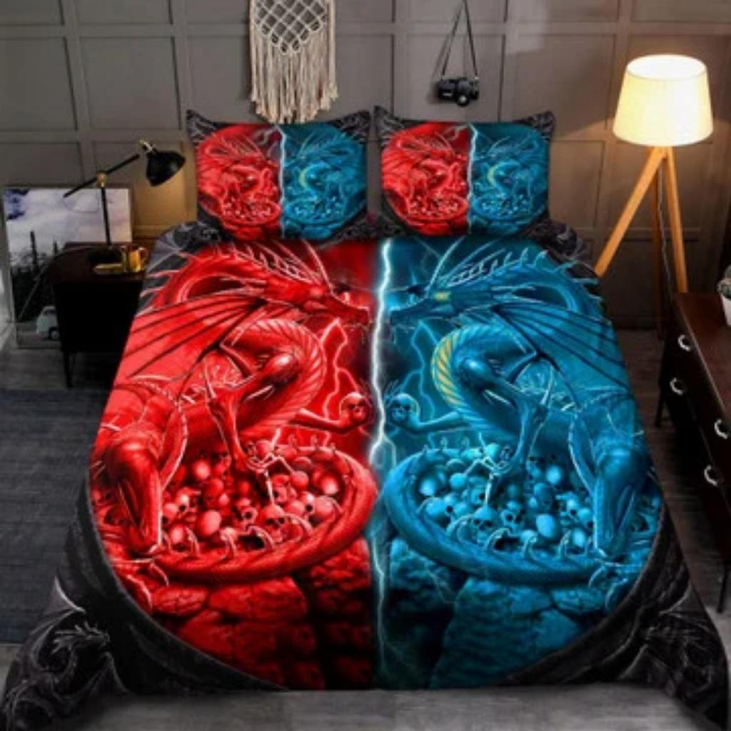 Tmarc Tee Red and Blue Dragons Comforter Duvet Cover Set Bedding Cover Suit