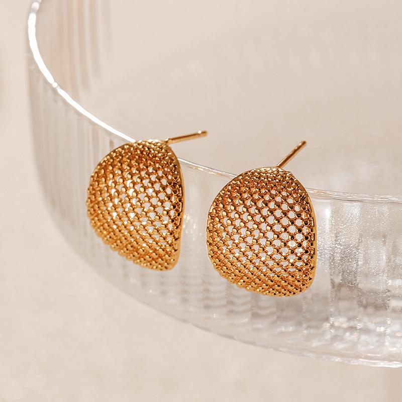 Vintage Personalized Metallic Grid Hollow Half Round Electroplated Stud Earrings For Women