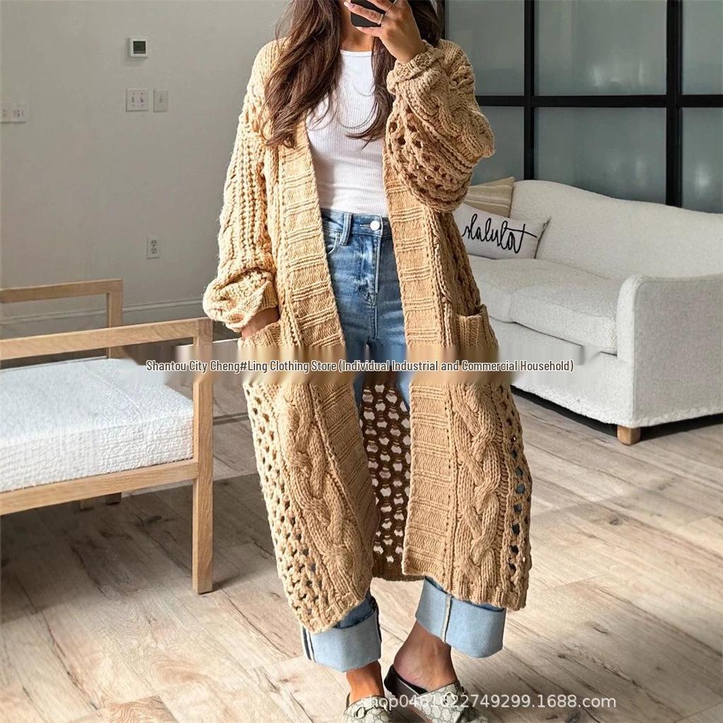 2026 Autumn/Winter V-neck Extended Cardigan with Twisted Rope Design, Available in 2 Colors