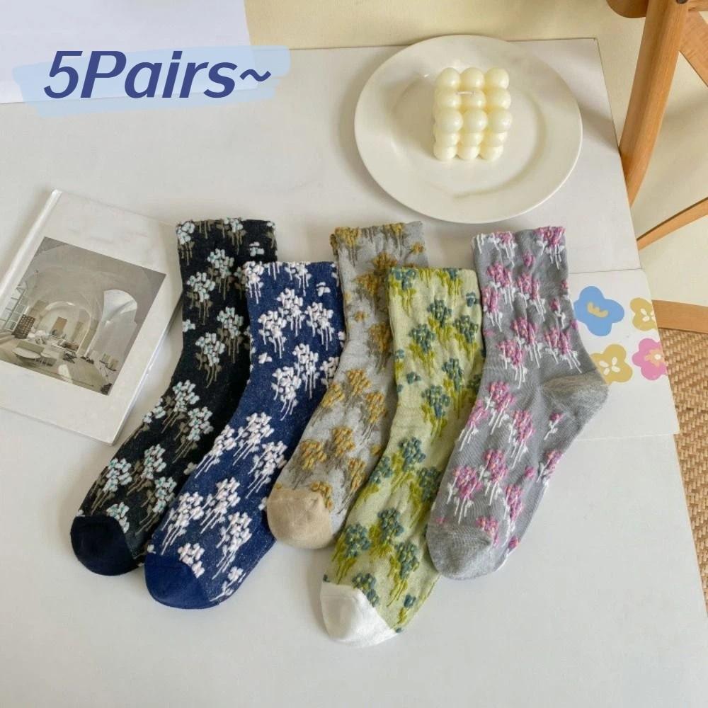 5Pairs Breathable Mid Tube Socks Patchwork Retro Socks Comfortable Floral Short Socks  Spring