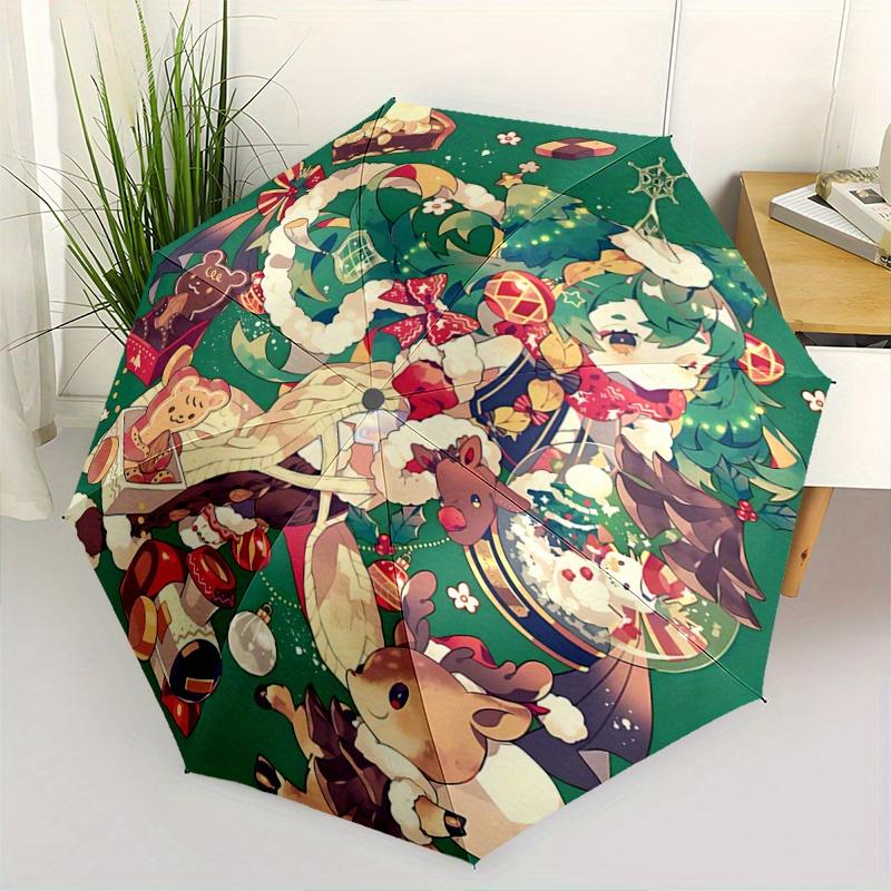 1pc Christmas Fantasy Fully Automatic Folding Portable Umbrella, 8 Iron Frames, Three-Fold Design, Suitable for All Seasons, Suitable for Outdoor Use.