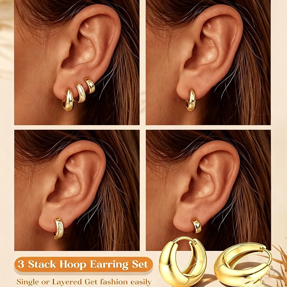 14K gold plated thick earrings set - suitable for sensitive ears - non-fading ear loop earrings set