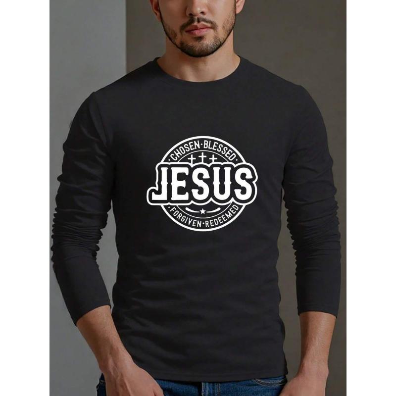 Jesus Printed Mens Long Sleeve Crew Neck T-Shirt Casual Cotton Blend S