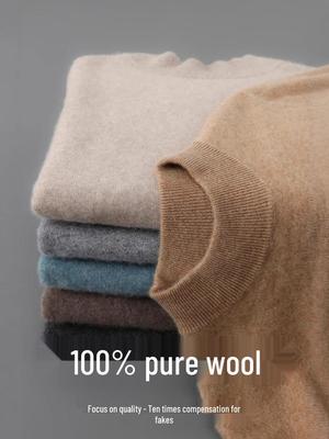 Men's 100% Pure Wool Half-High Neck Sweater - Solid Color, Business Casual Knit Base Layer Top