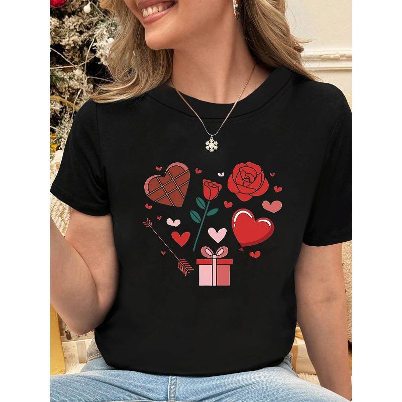 

Red Roses, Cupid S Arrow, Gift Box Graphic Print Plus Size Women S T-Shirt, Short Sleeve Crew Neck Casual Top for Summer & Spring, 4XL чорний