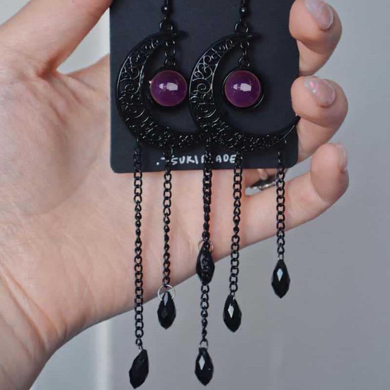 Purple Gem Moon Black Dangle Earrings