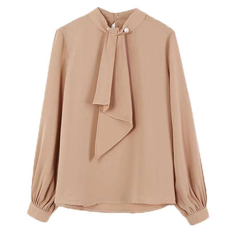 Korean Style Lantern Sleeve Knitted Ring Buckle Chiffon Blouse - Women's Long Sleeve Pullover Top