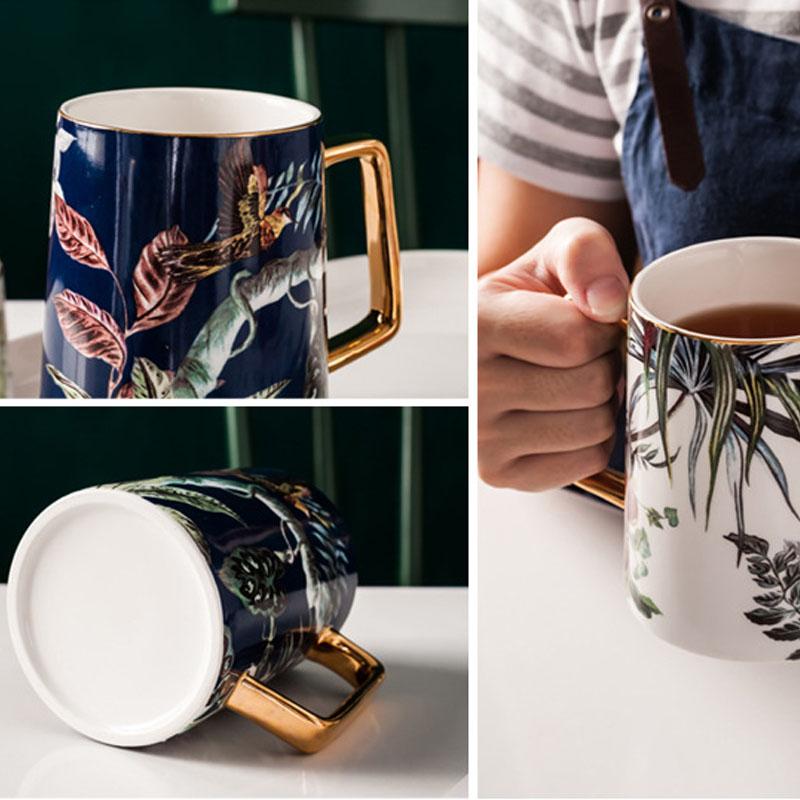 480ml Ceramic Coffee Mug With Luxury Gold Handle Pastoral Style Gold Flower Bird Magpie Birthday Gift Mugs