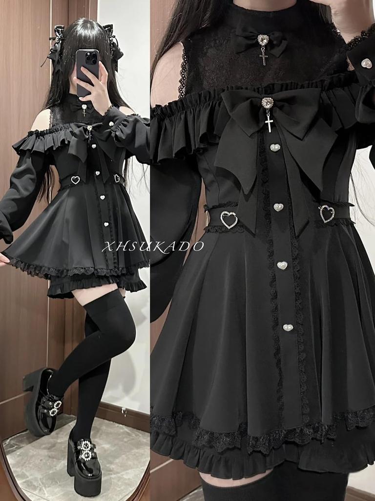Cute Heart Long Detachable Ribbon Lolita Size L [XHSUKADO] Women's Open-Shoulder Dress, Back, Stand-Up Collar, Sleeves, Brooch, Ruffles, Lace, A-Line,