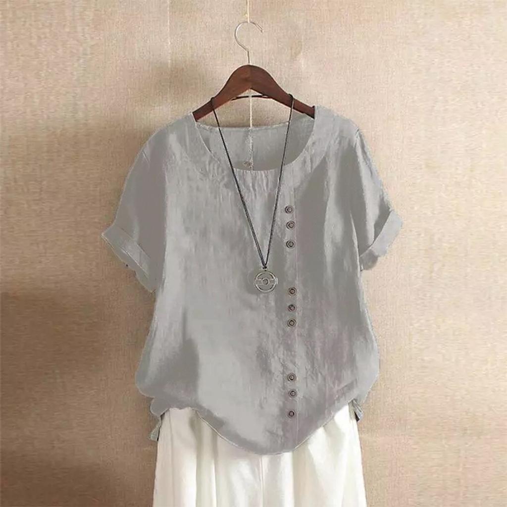 Women's Fashion Casual Temperament Round Neck Vintage Cotton And Hemp Solid Button Short Sleeve T-Shirt Top