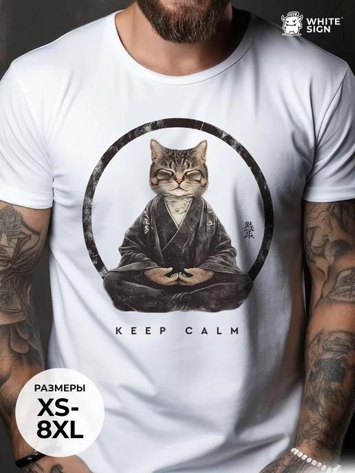 Oversized cotton T-shirt with Zen Cat print 4XL