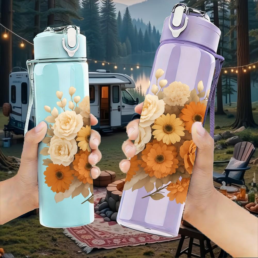 1PC Warm Dried Sunflower Bouquet Pattern 750ml Color Plastic Sports Water Bottle Leakproof Flip Straw Lid Suitable for Sports Office Home Use