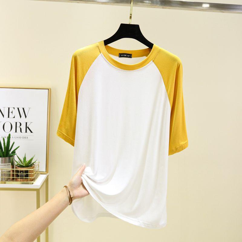 

Modal Cotton T-shirt Women Summer Versatile Short sleeve Raglan round Neck Loose Thin Patchwork Ice Silk Half Sleeve Bottoming Shirt Yellow 2XL (70.00 kg-85.00 kg recommended