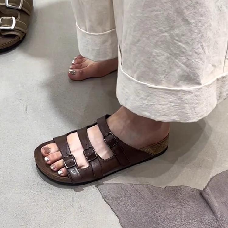 

Версия из овчины~ ретро кожаная пряжка шлепанцы на плоской подошве женские универсальные сандалии для ленивых с одним ремешком 39