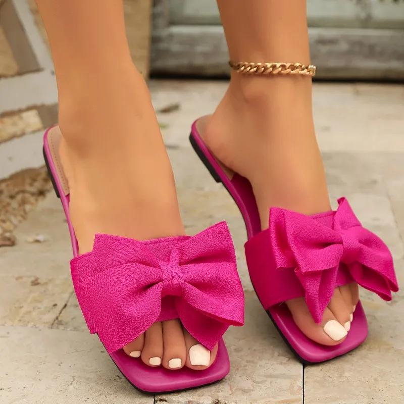 2025 Summer Women’s Casual Slippers Bow Tie Outdoor Square Toe Classics Flat with Hot Sale Sandals for Plus Size Daily Slippers