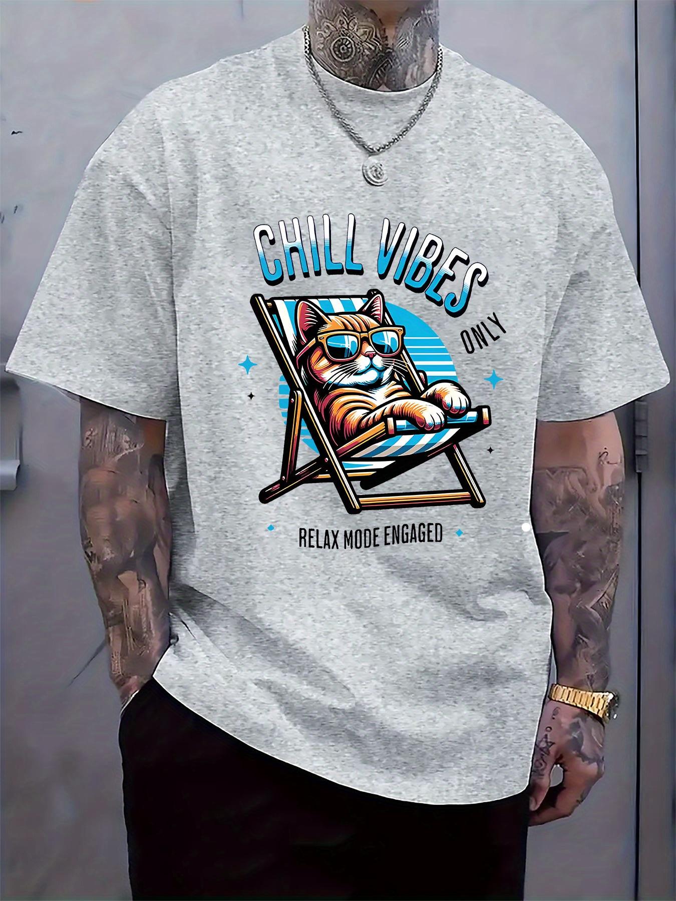 Relaxed Fit T-shirt with Lazy Cat Graphic - Chill Vibes Only Design S