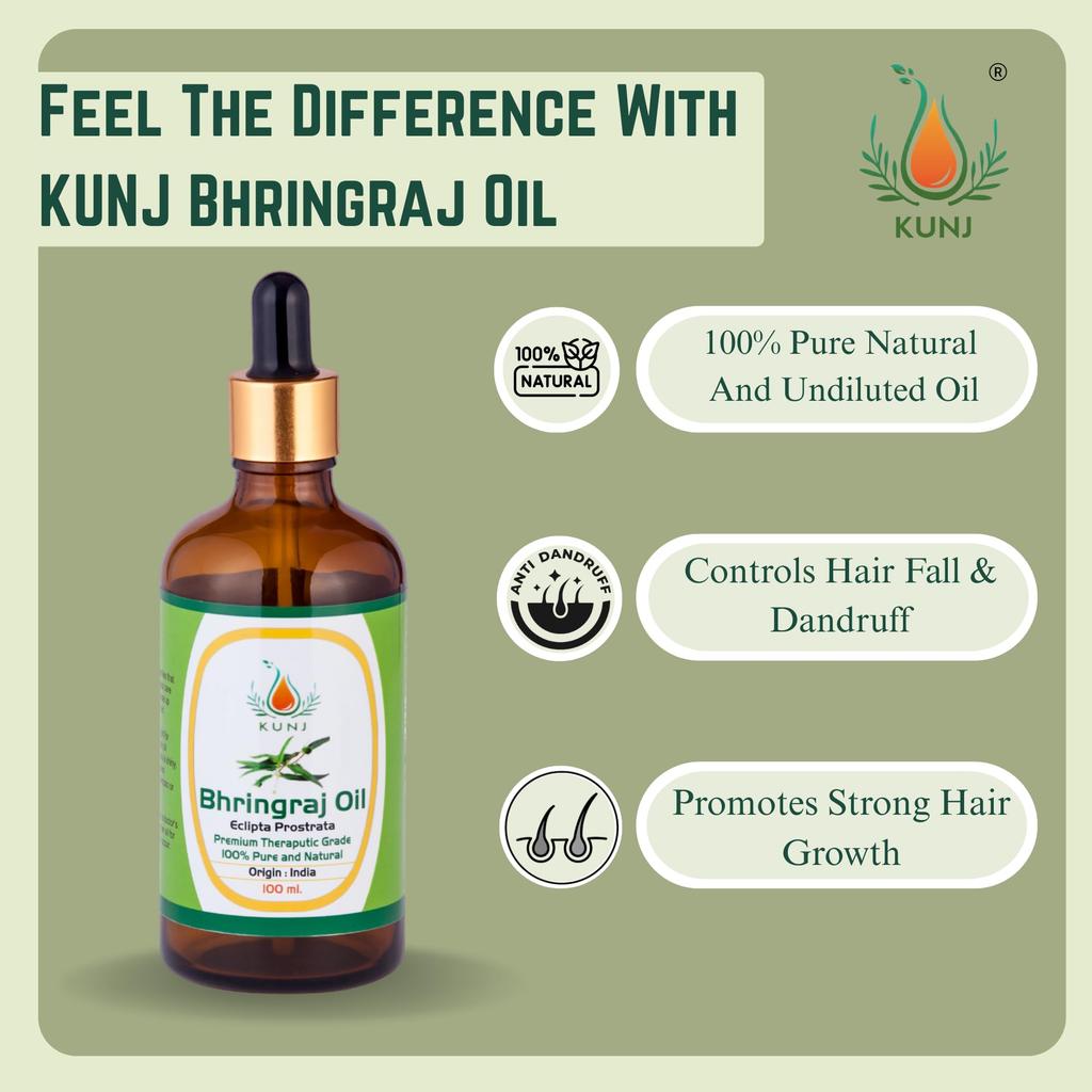 KUNJ Bhringraj Oil (Eclipta Prostrata) 100ML - 100% Pure & Natural Cold Pressed Ayurvedic Hair Oil for Faster Hair Growth, Stronger Roots & Hair Fa
