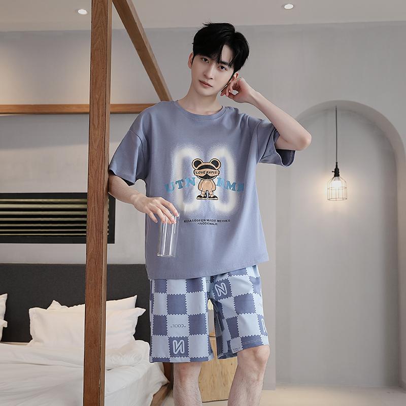 Men's Pajamas Set Letter Print Short-Sleeve Tops and Shorts Sleepwear Loungewear Students Two-Piece Youth Boy Nightwear Y2k Homewear Male