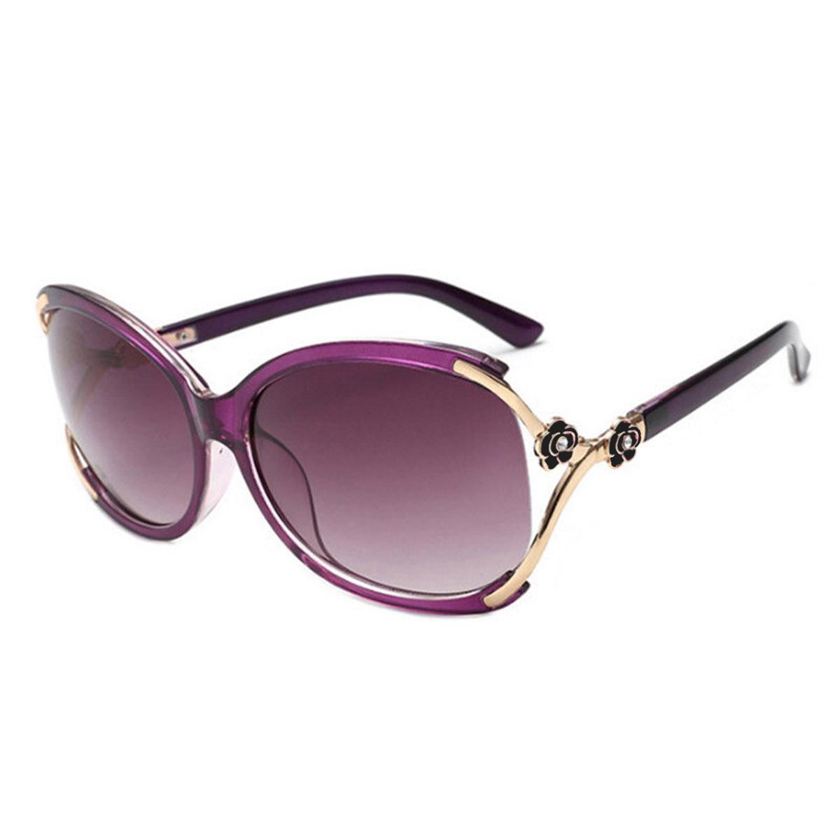 Neueste quadratische Anti-UV-Sonnenbrille für Damen mit Retro-Kamelien-Design und Sommer-Brillenetui violett