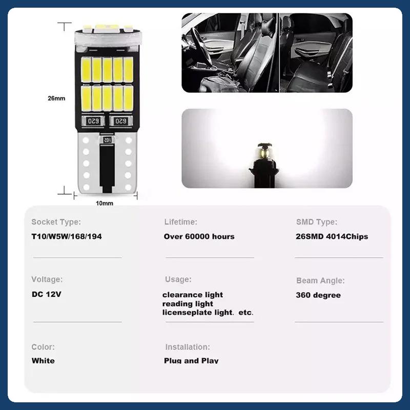 10Pcs W5W Led T10 168 194 Signal Lamp Canbus 4014 26SMD For Car Interior Map Dome Parking Position Lights