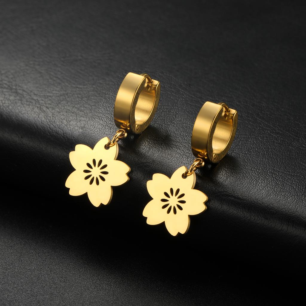 Cazador Gold Color Sakura Flower Pendant Earrings for Women Girls Stainless Steel Jewelry Drop Earrings Gift Wholesale 2026