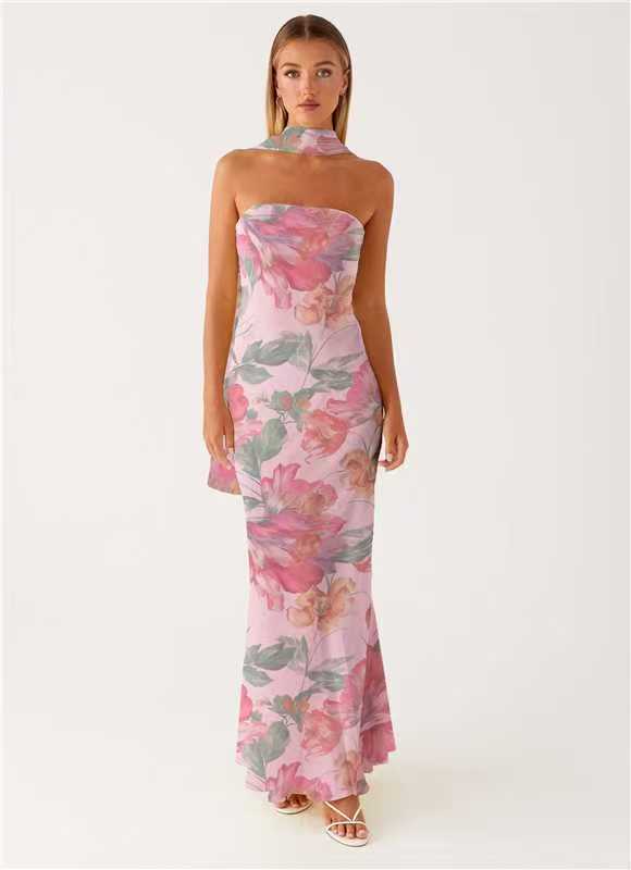 Maxi Abito in Chiffon Floreale Francese con Zip per Vacanze Estive al Mare