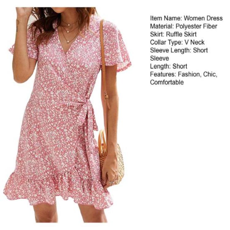 Summer Boho Floral Wrap Dress V Neck Short Sleeve Ruffled Hem Swing Sundress for Women Beach