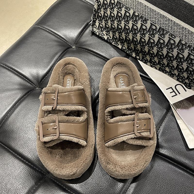 Thick Bottom Heightening Large Size Fluffy Slippers Women's Outer Wear 2025 New Autumn and Winter Fashion Leather Buckle Cotton Mop