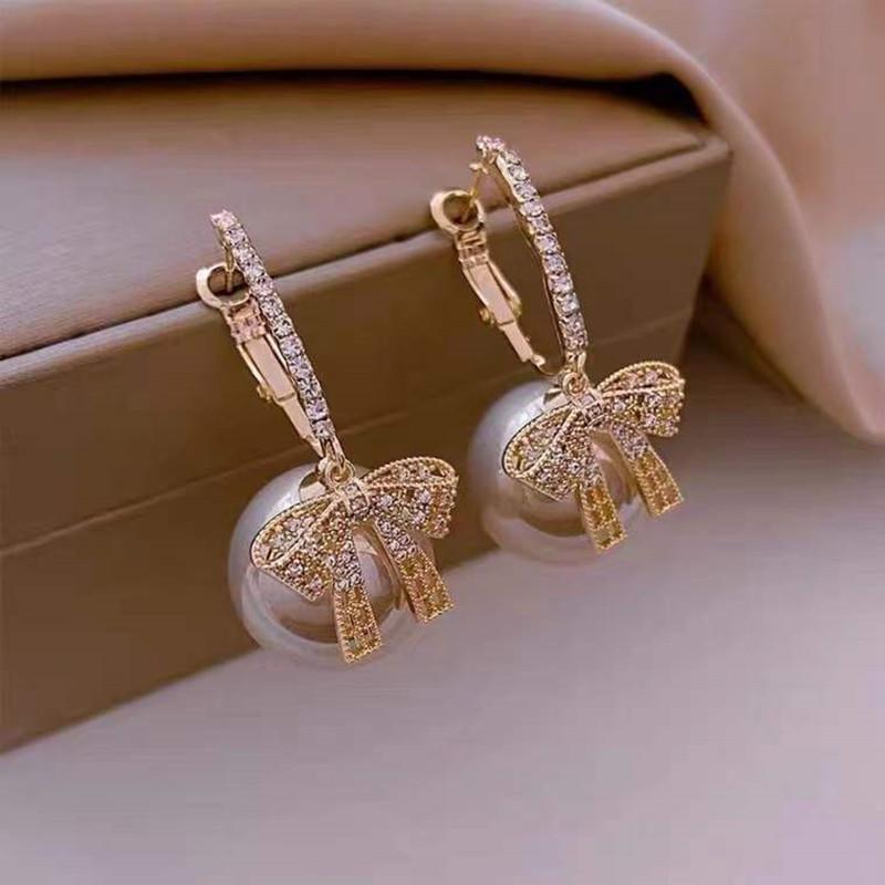 Korean Bow Pearl Hoop Earrings: S925 Silver, Rhinestone-Studded, Fashionable & Unique Design