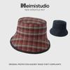 25 early autumn new double-sided can wear denim bucket hat women's high-end sense large grid show face small hat tide