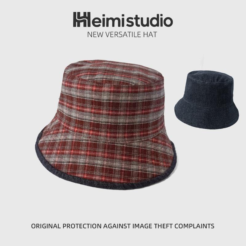 25 early autumn new double-sided can wear denim bucket hat women's high-end sense large grid show face small hat tide