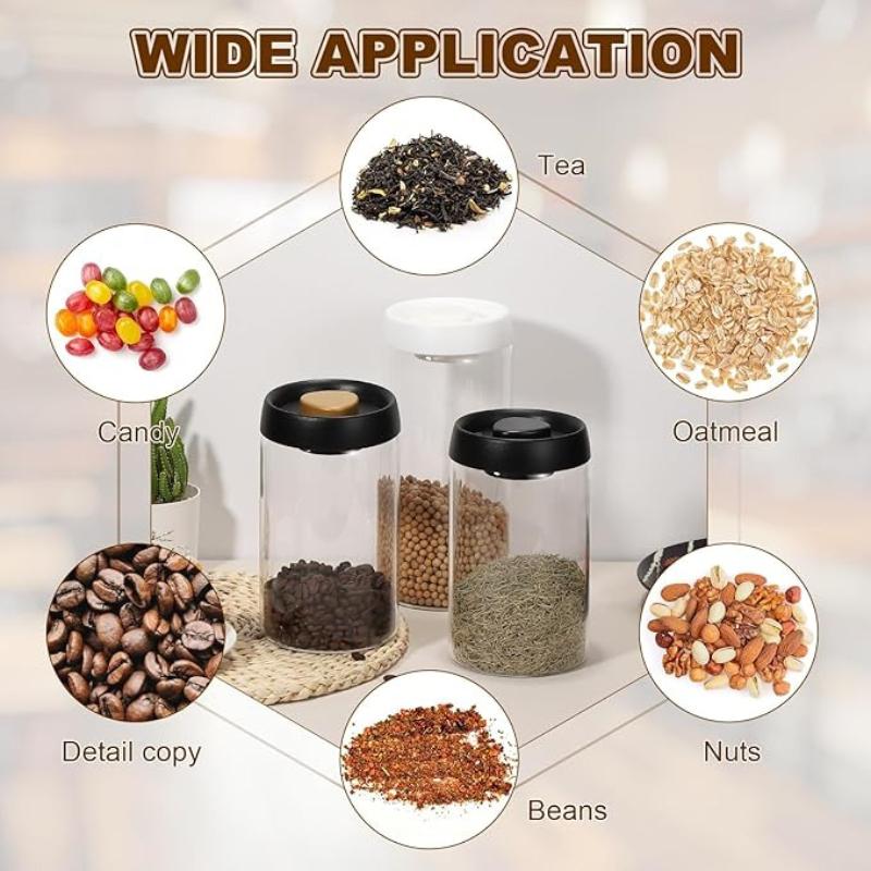 Coffee Vacuum Container, Glass Coffee Bean Storage Container with Lids for Spices Biscuits Loose Leaf Tea, Black Gold Tone
