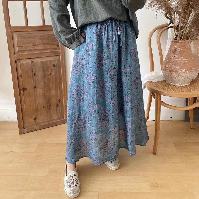 Johnature Vintage-Druck, elastische Taille, alle passenden Damen-Röcke, Herbstblau, lockere Krawattenröcke