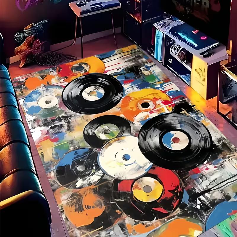 Colorful Graffiti Record Print Living Room Rug Music Theme Carpet Bedroom Decor Vinyl Floor Mat Home Sofa Area Cover
