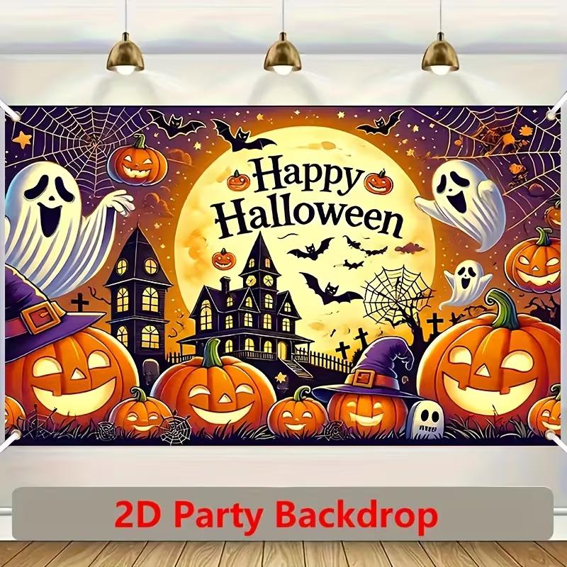 

2D Halloween Backdrop Spooky Haunted House & Pumpkins Background Banner for Party 47.2x31.5inch/120*80cm