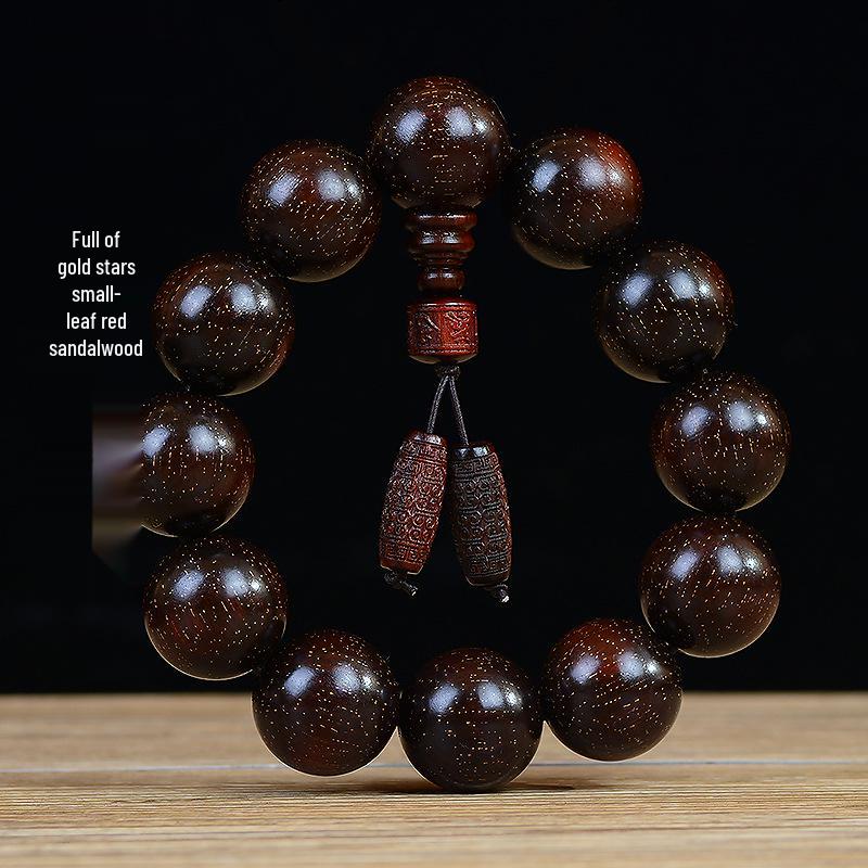 Zambia Blood Sandalwood Beads Bracelet: High-Density Small-Leaf Red Sandalwood with Gold Star Design, Prayer Beads.