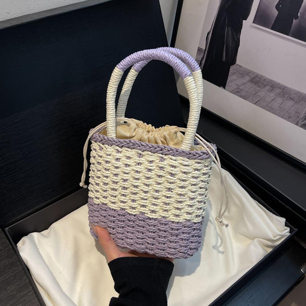Large Capacity Weave Straw Bag Colorful Patchwork Striped Handbag Simple Beach Bag  Woman Girls
