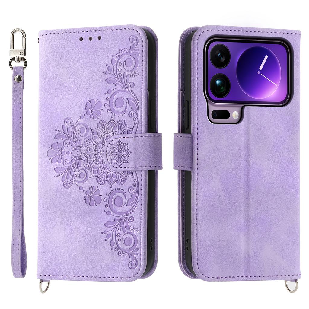 For Xiaomi 17 Pro Max Case Flower Pattern PU Leather Wallet Phone Cover with Strap