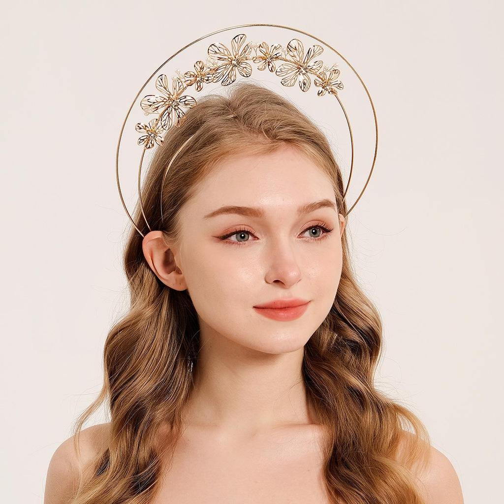 Vintage Lolita Virgin Mary Halo Tiara: Handmade Floral Pearl Headdress for Fashion Shows