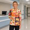 Womens Halloween Print V Neck Medical Scrub Top with Side Slits Three Quarter Sleeves and Front Pocket Nurse Uniform Shirt