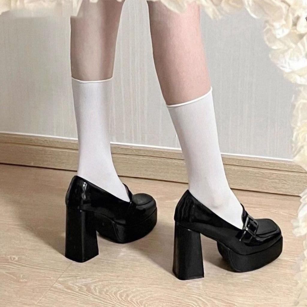 One word with square buckle small man height increase thick heel ballet single shoes women's spring French bow light mouth Mary Jane shoes