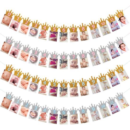 1st Baby Birthday Party Glitter Crown Monthly Photo Banner 1-12 Months Garland