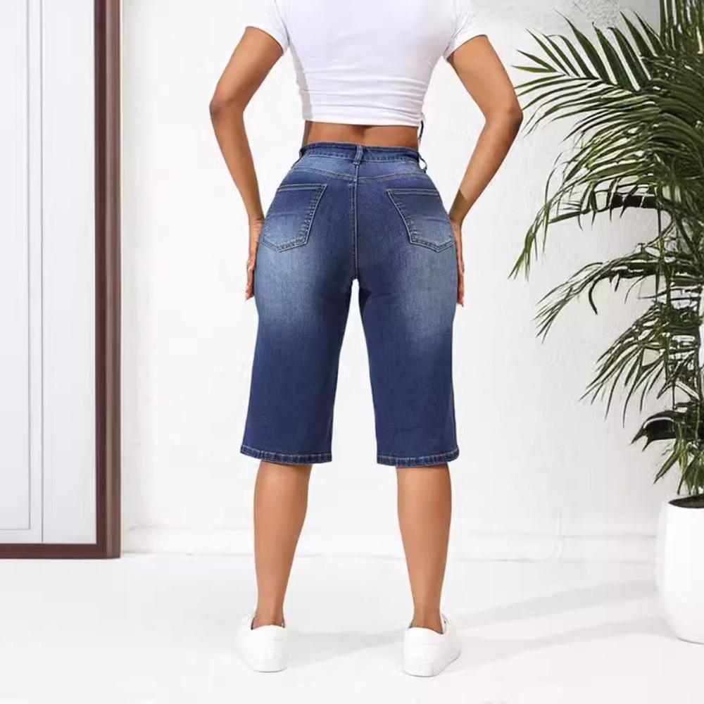 Pantalon Capri Droit Taille Haute Déchiré pour Femme Bermuda en Jean Usé Pantalon Décontracté pour le Travail