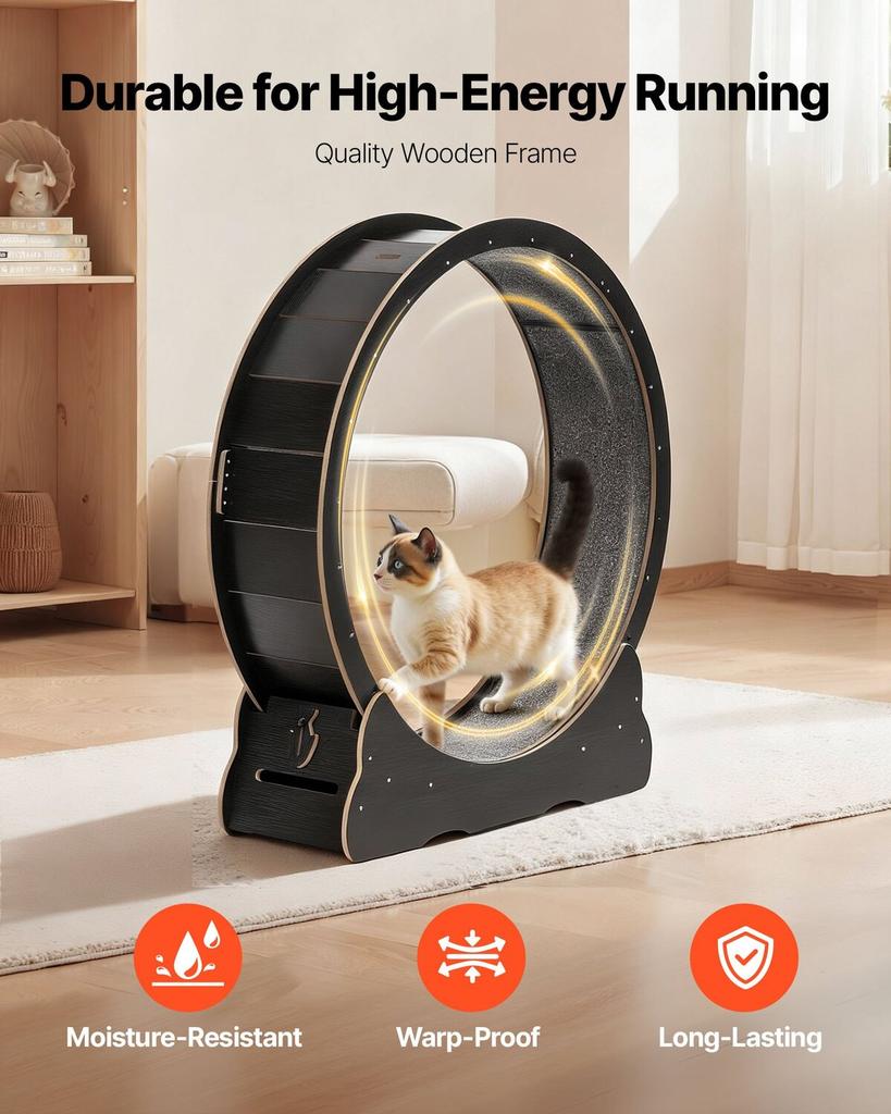 Cat Exercise Wheel, 120 Cm Wooden Cat Running Wheel for Indoor Cats Up To 12.7 Kg, Cats Treadmill with Carpeted Runway & Locking Mechanism, Quiet