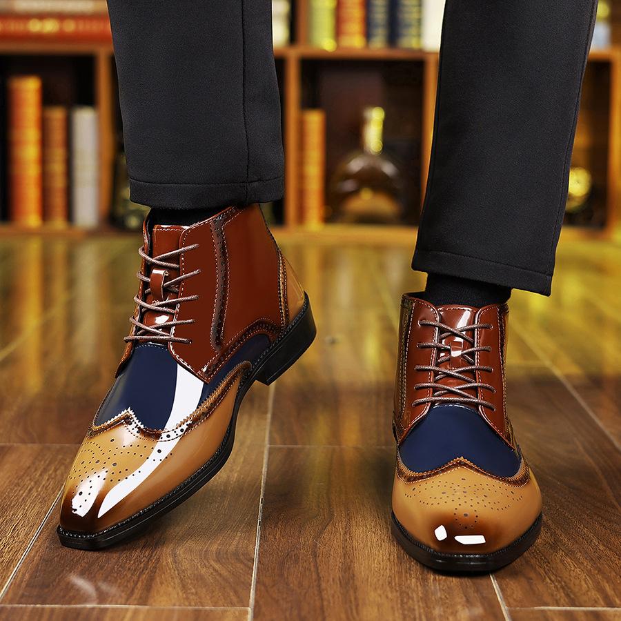 Herren High Top Lederstiefel, Übergröße Business-Kleidschuhe, Schnürung Patchwork-Farbe Büro-Kleid Lederschuhe
