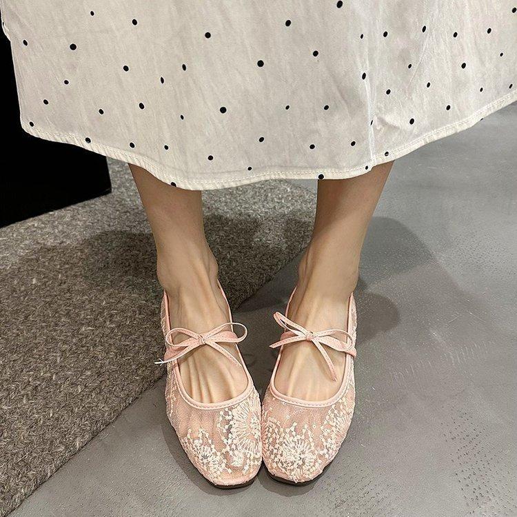 Soft soles are not tired of feet, spring and summer mesh embroidery bow single shoes women's Chinese sexy hollow Mary Jane shoes flats